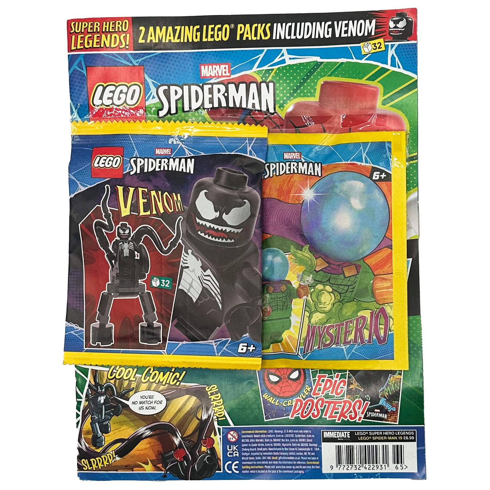 Cover of LEGO Super Hero Legends Spider-Man magazine issue 19 with its sealed LEGO Venom foil pack