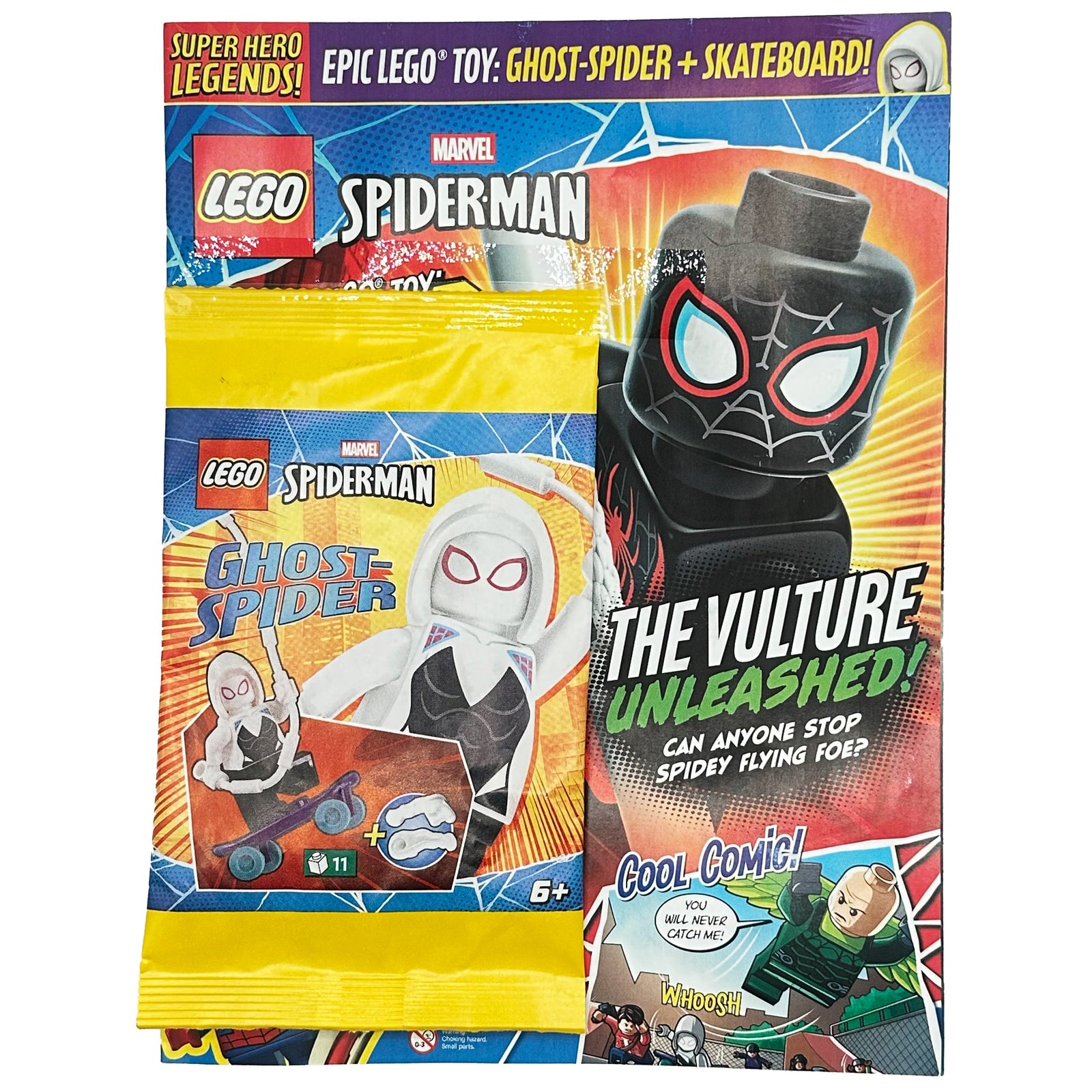 Cover of LEGO Super Hero Legends Spider-Man magazine issue 18 with its sealed Ghost-Spider foil pack