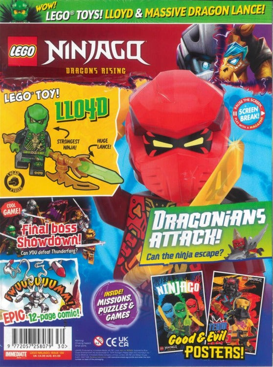 Cover of LEGO Ninjago Magazine Issue 130 with the Lloyd and Dragon Lance covermount attached
