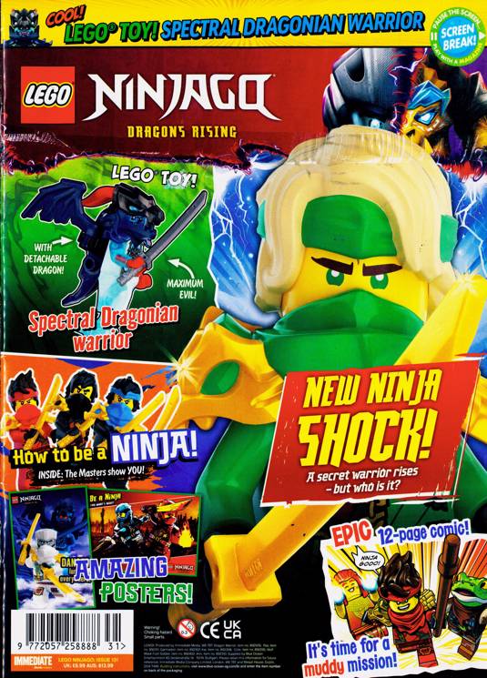 Cover of LEGO Ninjago Magazine Issue 131 with the Spectral Dragonian Warrior covermount attached