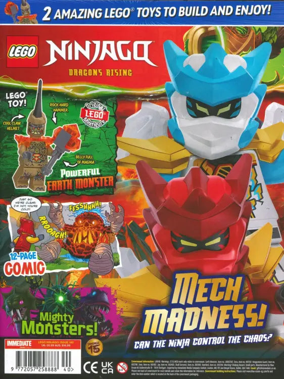 Cover of LEGO Ninjago Magazine Issue 140 with the Earth Monster covermount attached
