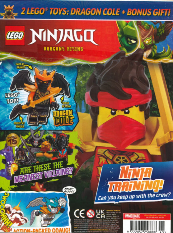 Cover of LEGO Ninjago Magazine Issue 145 featuring the Dragon Cole minifigure gift