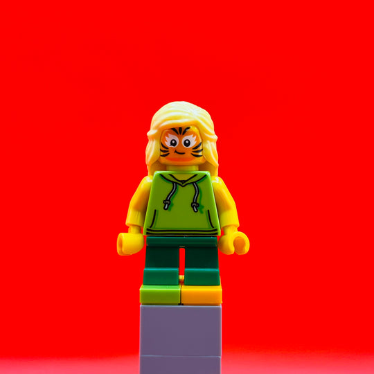 LEGO City Minifigure Girl, Lime Hoodie, Green Short Legs, Orange Cat Face Paint cty1014