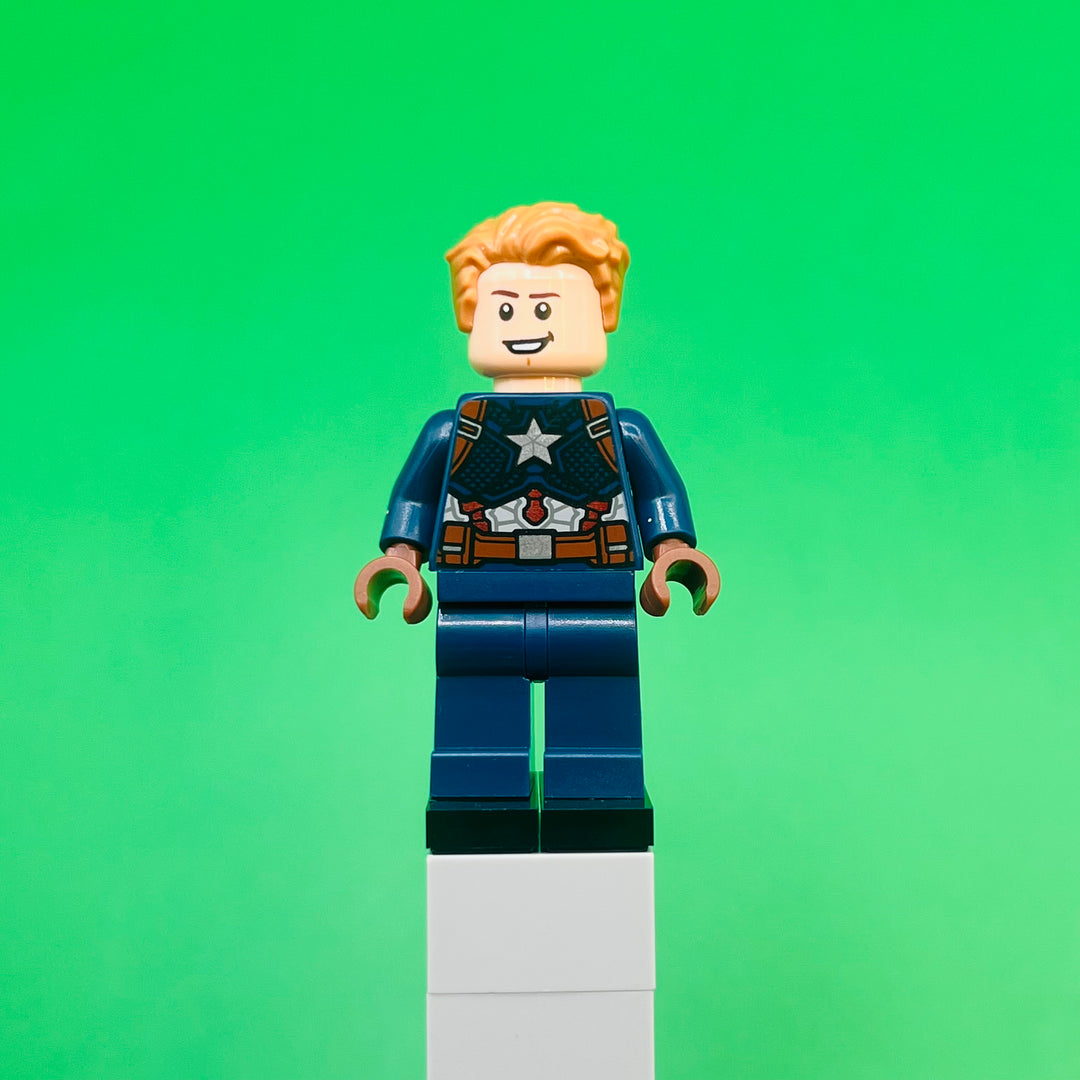 LEGO Marvel Super Heroes Minifigure Captain America - Dark Blue Suit, Reddish Brown Hands Hair, Dark Brown Eyebrows, Chin Strap sh0729